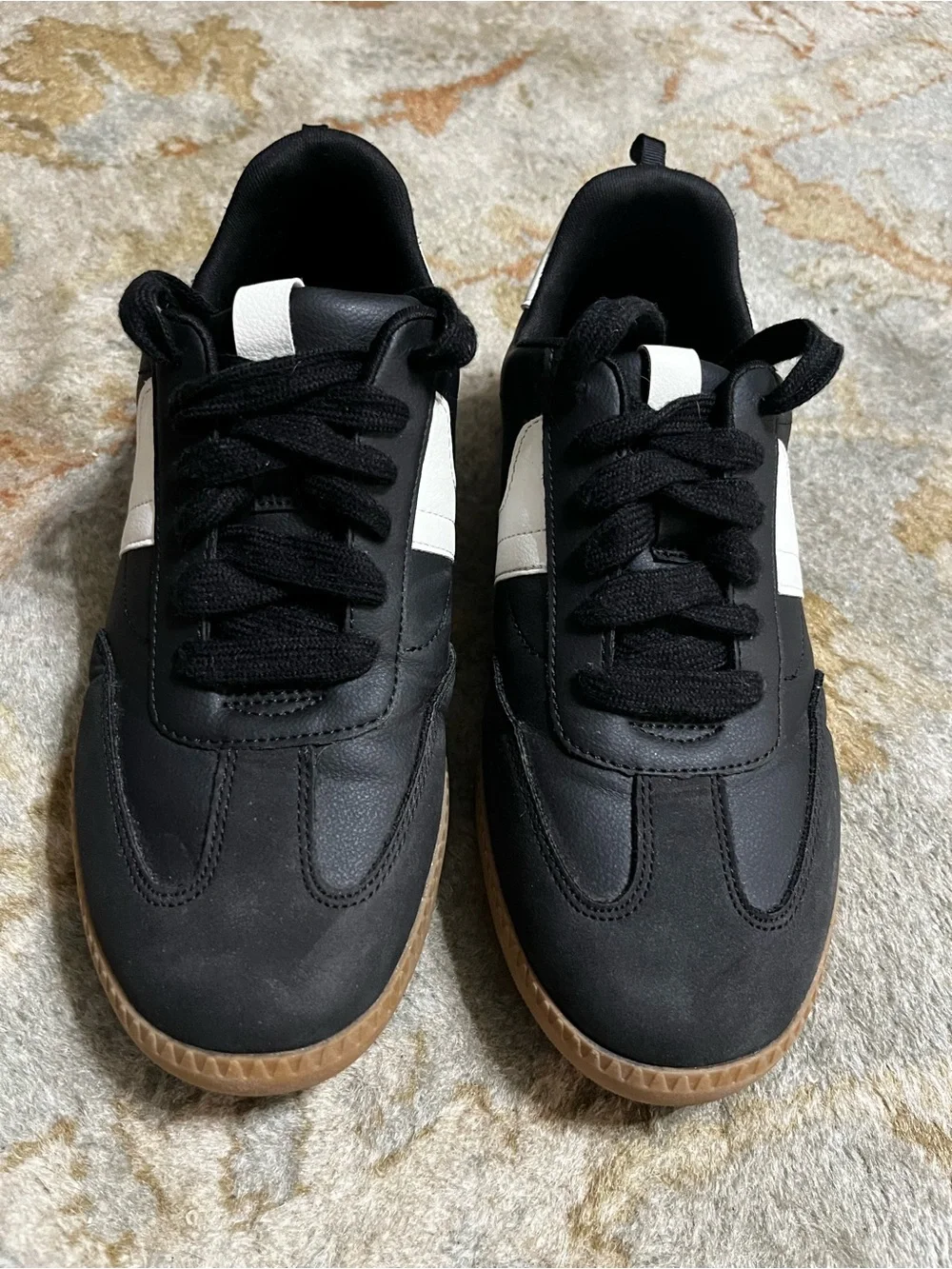 Boys Black Sneakers with White Stripe and Gum Sole, worn once